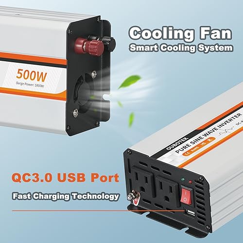 Miniatura 8 de Inversor de corriente de 500 W, convertidor de corriente continua de 12 V a 120 V CA para vehículos, adaptador de onda sinusoidal pura con puerto