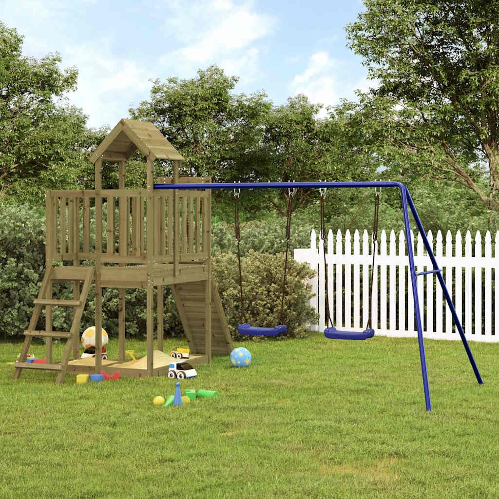 Torre da gioco in legno di pino impregnato con parete da arrampicata, doppia altalena, sabbiera e scala a maglia per giardino, parco giochi all'aperto, movimento e promozione delle capacità