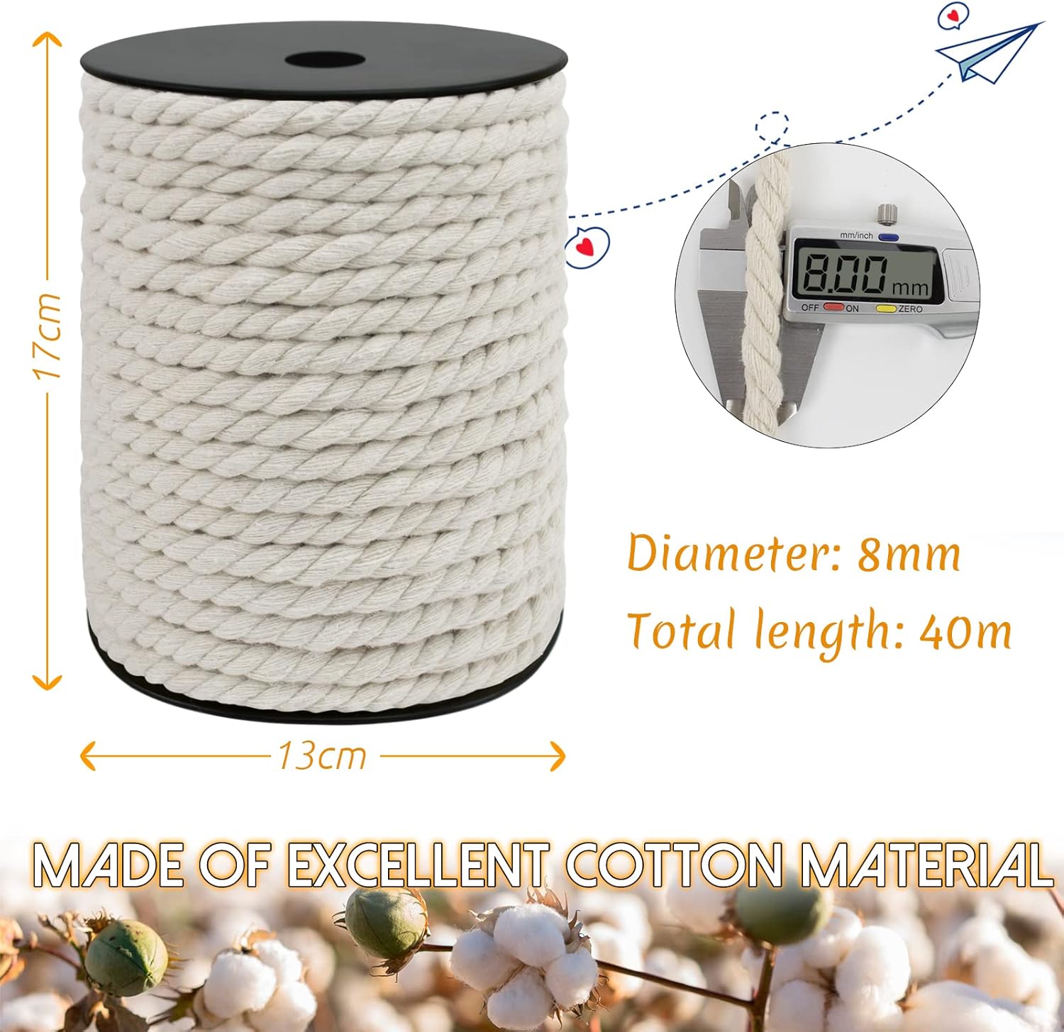 アート、クラフト、DIY用の粗い麻ひも、フレーミング糸、ナイロン編組糸 Thick Macrame Cord 8mm x 131ft