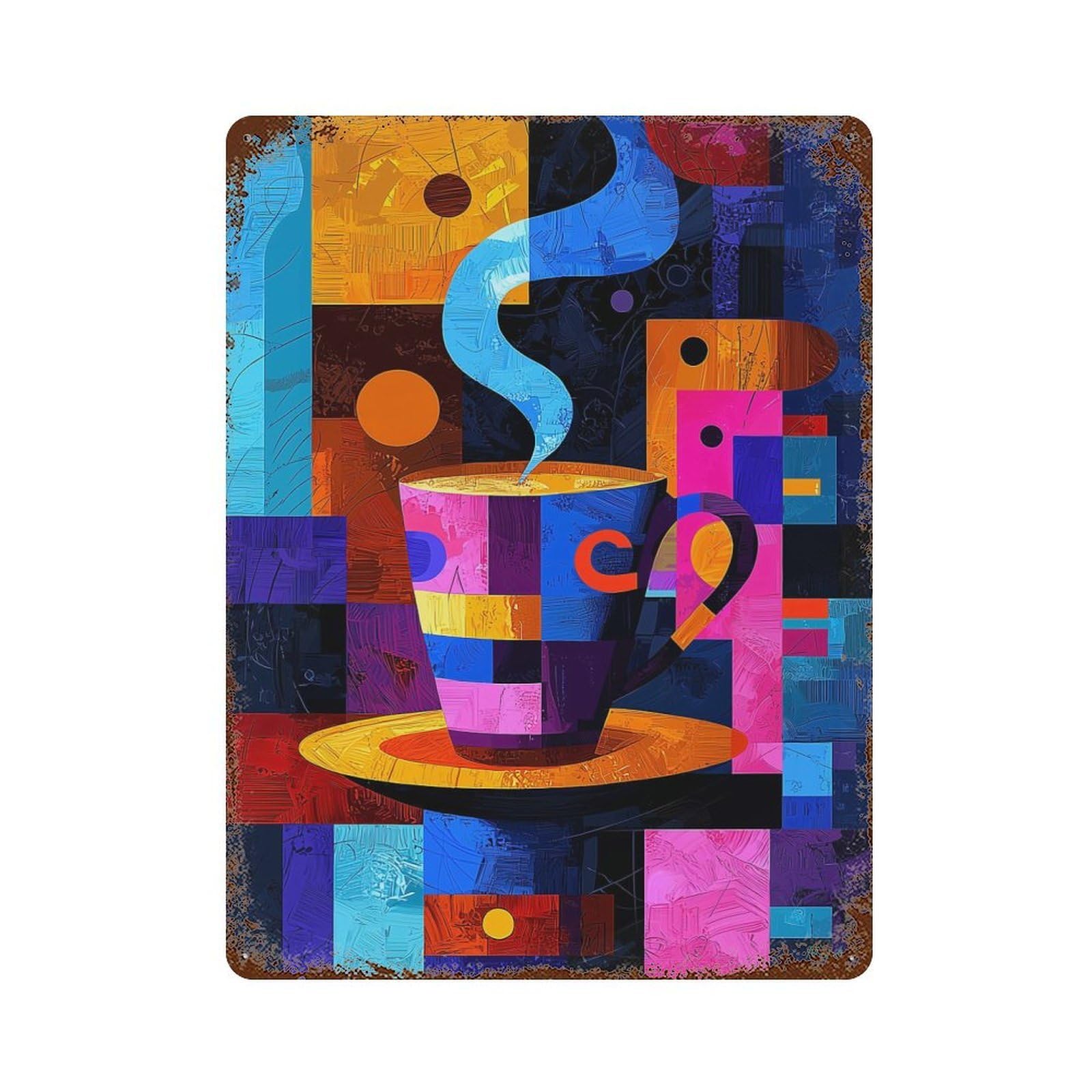 Retro Metal Sign Expressionist Geometry Coffee – Vibrant Abstract Café Art 15.7"x11.8", Retro Wall Decor for Living Room, Hallway And Home Decor