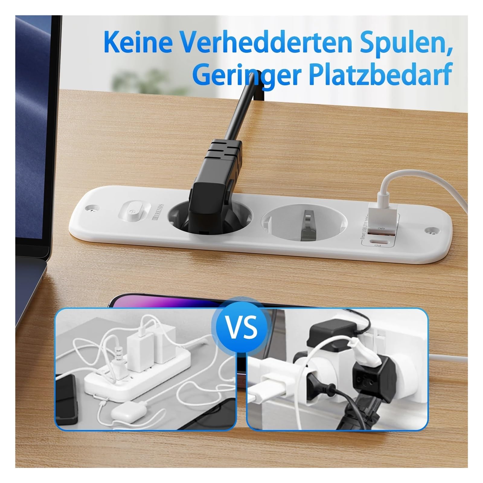Carte d'alimentation intégrée à double prise ue, avec Port de charge rapide intelligent 2USB-A et 2USB-C PD20W, câble d'extension en spirale de 2 mètres(EU_110-250V_WHITE)