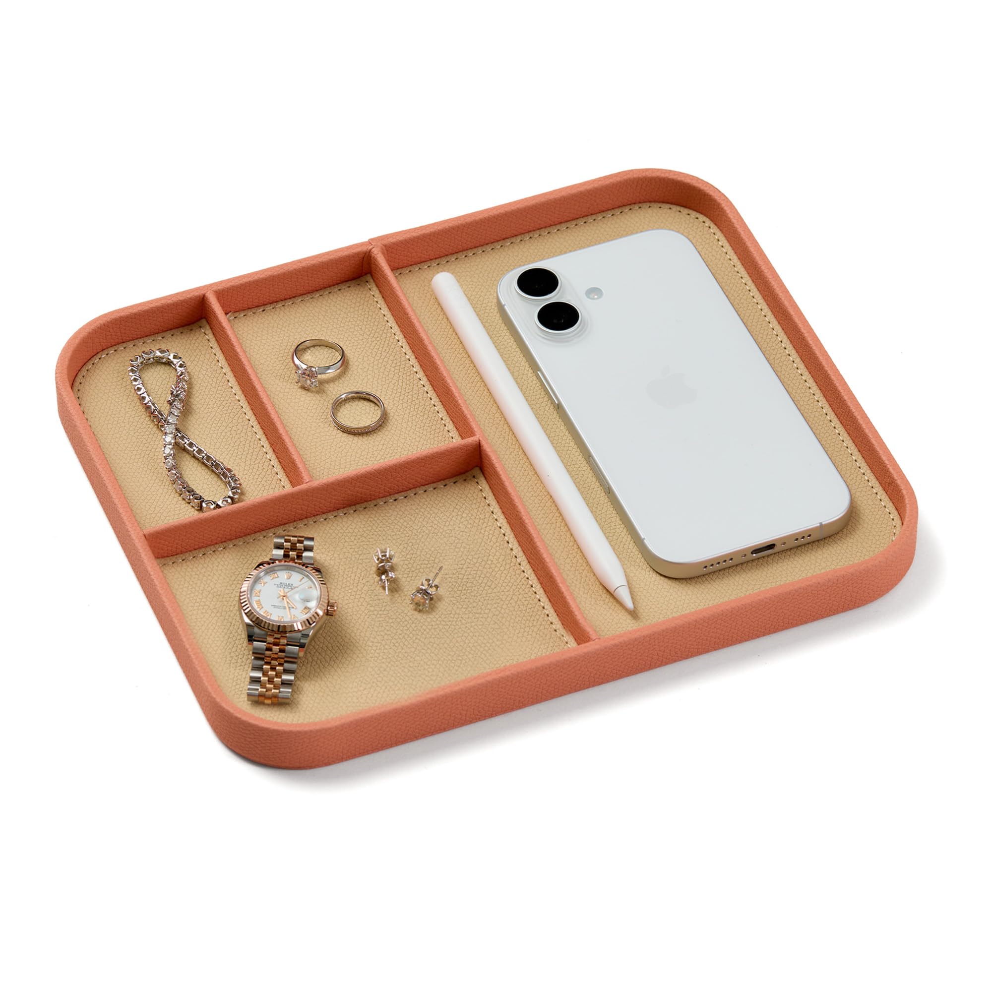 Nordik By Design Men's Coral Blush Nordik Leather Valet Tray - Pink - 24 X 20Cm Medium Vegan Leather Tray For Entryway - Stylish Nightstand Organizer For - Modern Bedside Caddy - Edc Catchall For Keys Wallet Jewellery