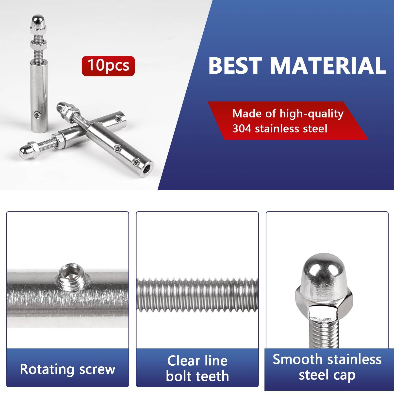 10 Terminali per cavo 4 mm Tensionatore inox con vite e chiave Allen, Fissaggio professionale per cavi metallici, perfetto per ringhiere e strutture decorative