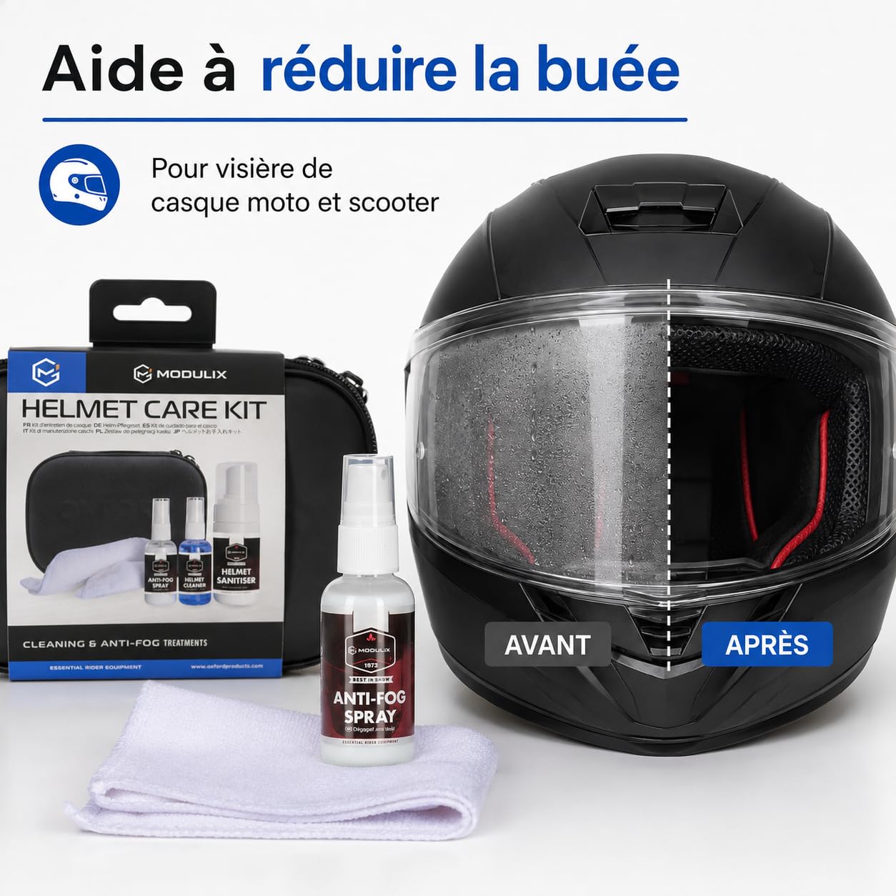 Kit Entretien Casque Moto et Scooter, 3 Sprays Nettoyant Intérieur, Nettoyant Visière et Anti-Buée, Désinfectant Casque 100 ml, Spray Visière 50 ml, Chiffon Microfibre et Trousse Compacte