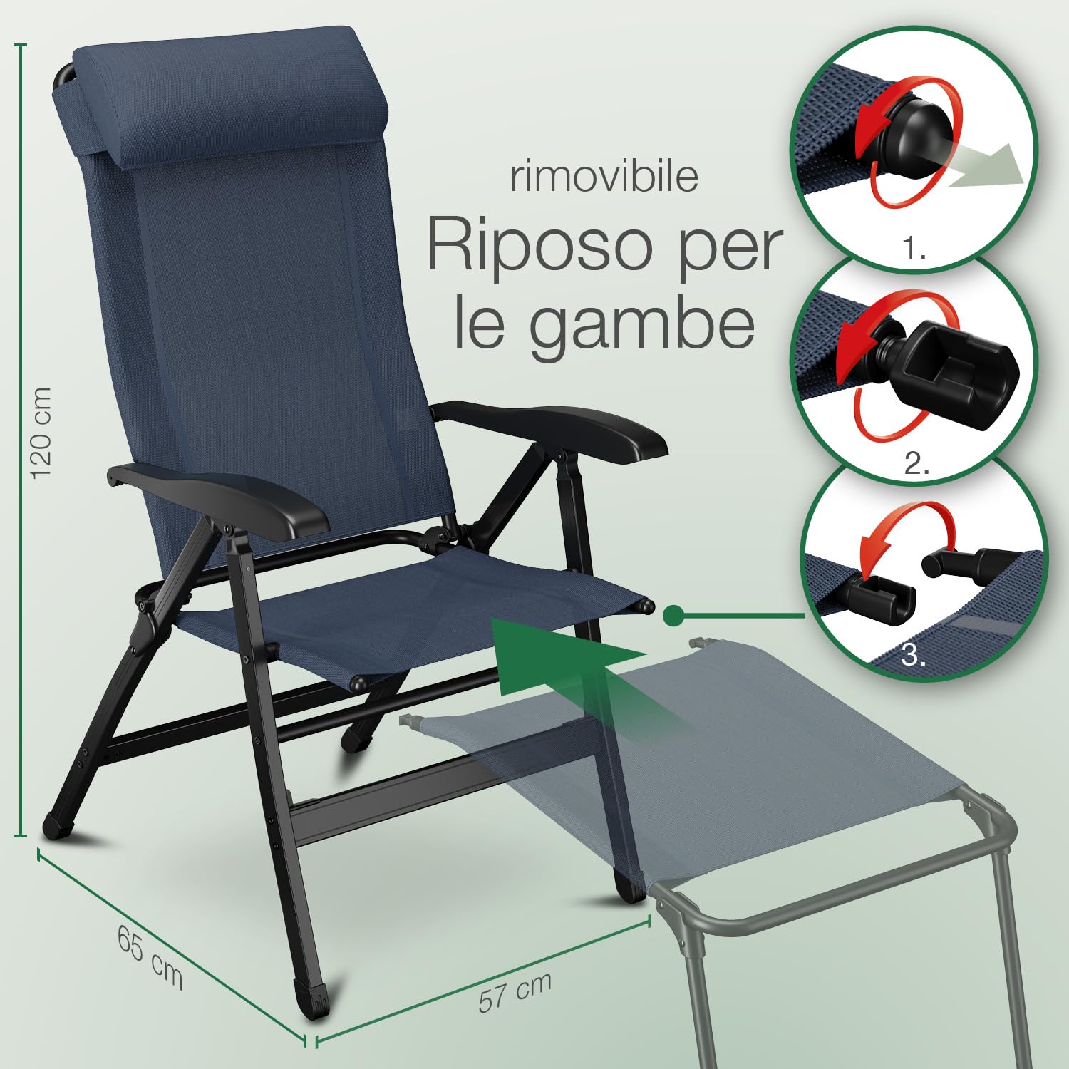 ELONEO Sedia da Giardino Pieghevole con Poggiapiedi Rimovibile - Comoda Sdraio Pieghevole in Alluminio per Campeggio, Giardino e Balcone, con Schienale Regolabile Blu