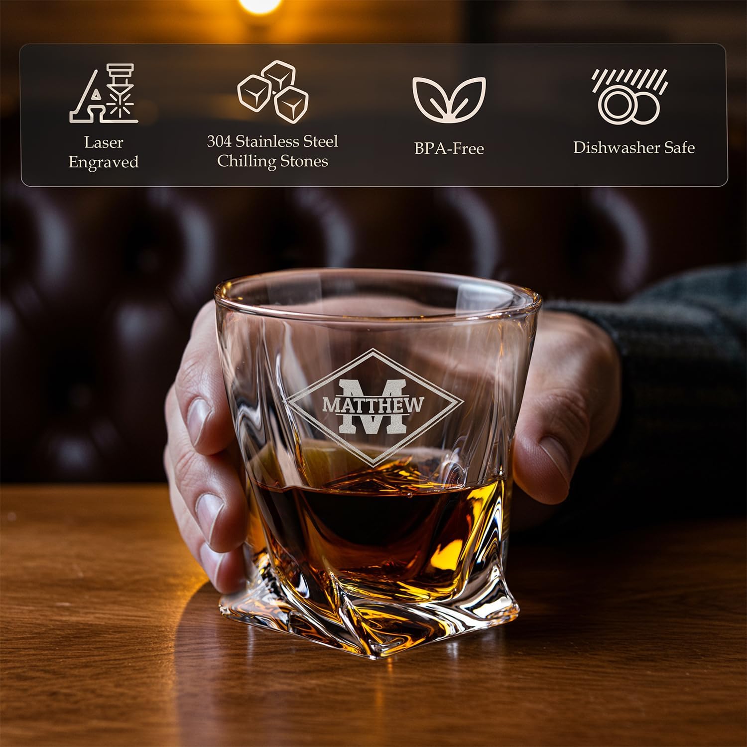 Custom Simplistic Modern Monogram Name Initial Whiskey Gift Set of 2 Glasses, Tongs, & Stainless Steel Whiskey Stones – Personalized Premium Wood Box for Men Gift for Husband, Dad, or Him