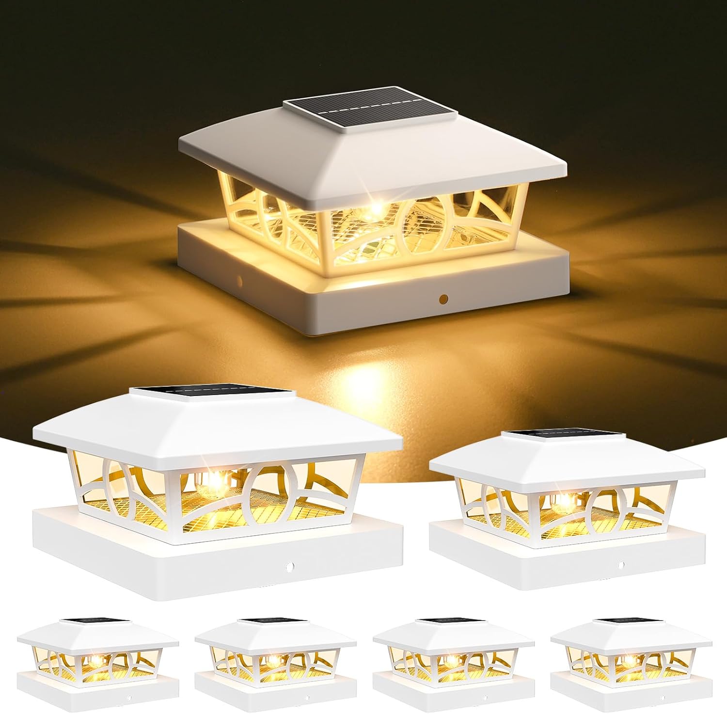 APONUO Solar Post Cap Lights, 3000K Warm Fence Post Solar Lights for Garden Patio Deck, Outdoor Waterproof Deck Posts Light Solar Powered for 3.5x3.5 4x4 5x5 Wooden/Vinyl, White 6 Packs