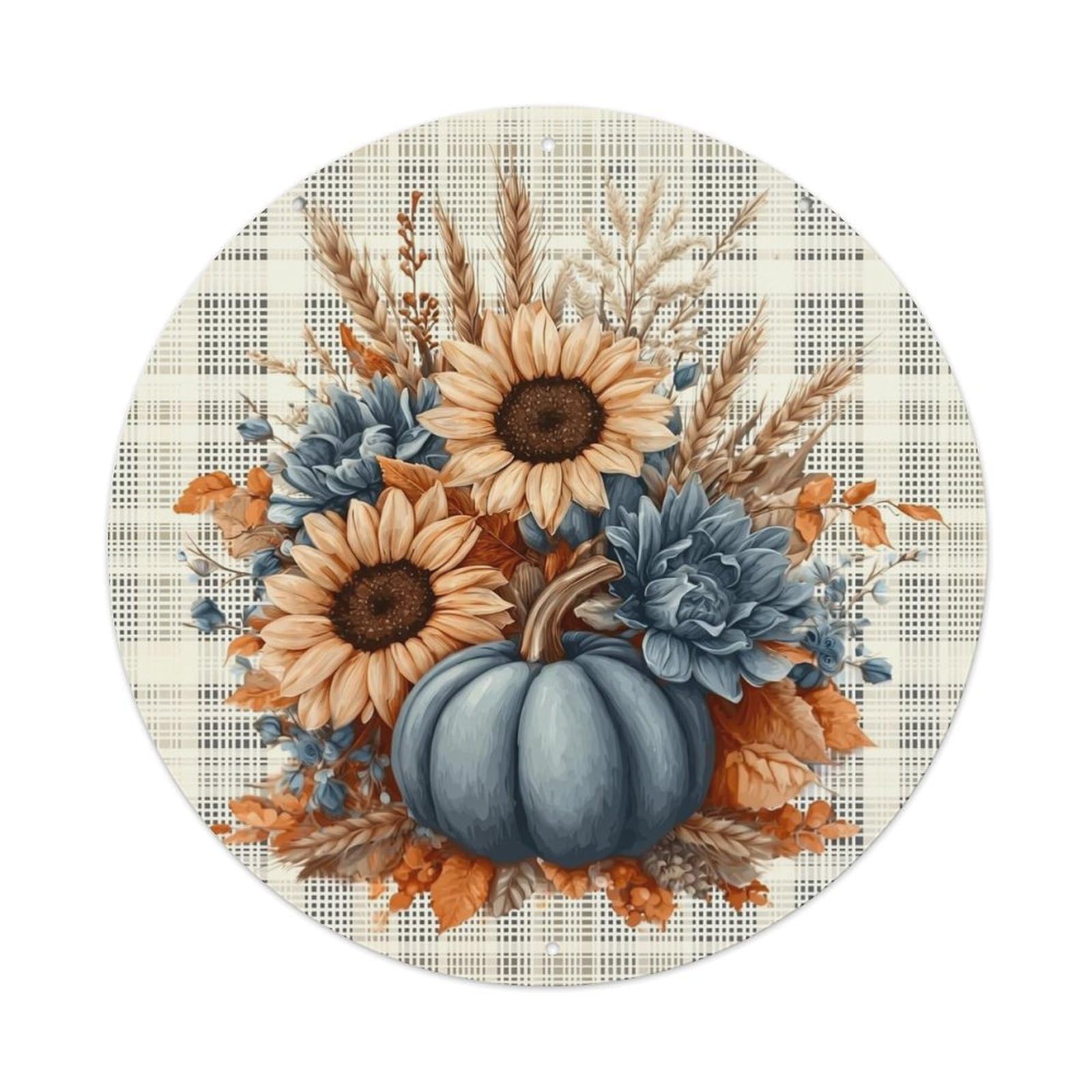Autumn Floral Pumpkin Sunflower Wheat Retro Metal Sign Round Tin Sign, Vintage Decor Art Poster for Bar, Home, Man Cave, Kitchen, Laundry Room Gift 8x8Inch