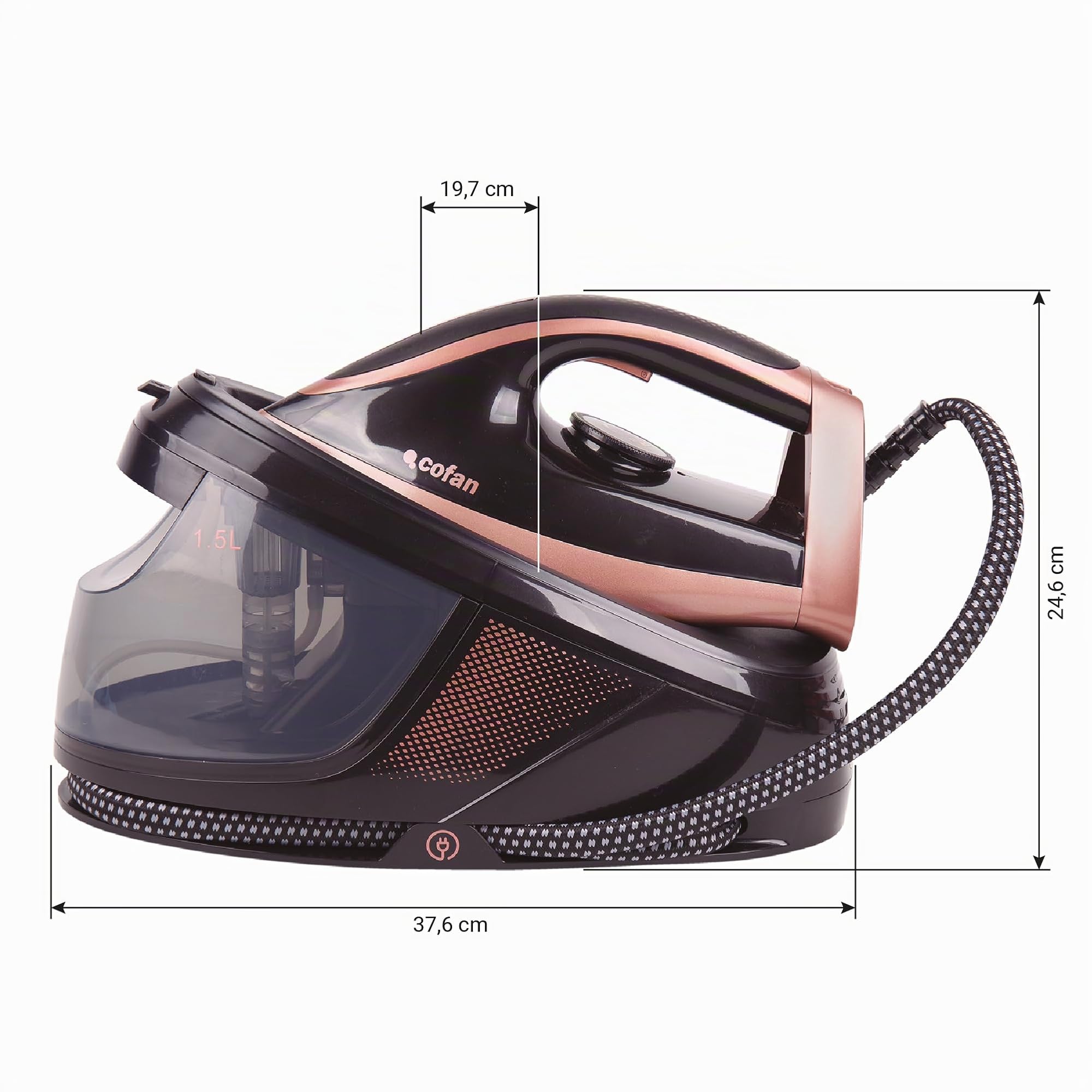 Cofan Centro de planchado 3100 W con depósito extraíble 1,5 litros, 8 bares, Vapor continuo 120 g/min, Suela de Cerámica, Autolimpieza y Apagado automático