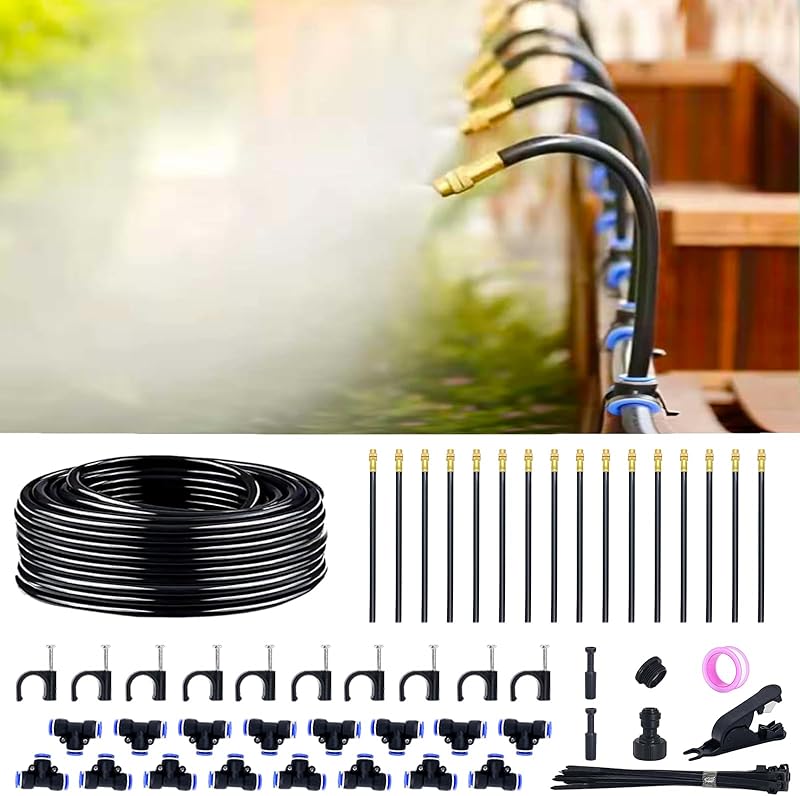 360° Adjustable Drip Irrigation System - 50FT Garden Watering System with 16 Nozzles, Garden Irrigation System, Greenhouse Accessories, Atomizing System for Yard, Lawn, Plants, 5/16 inch Hose