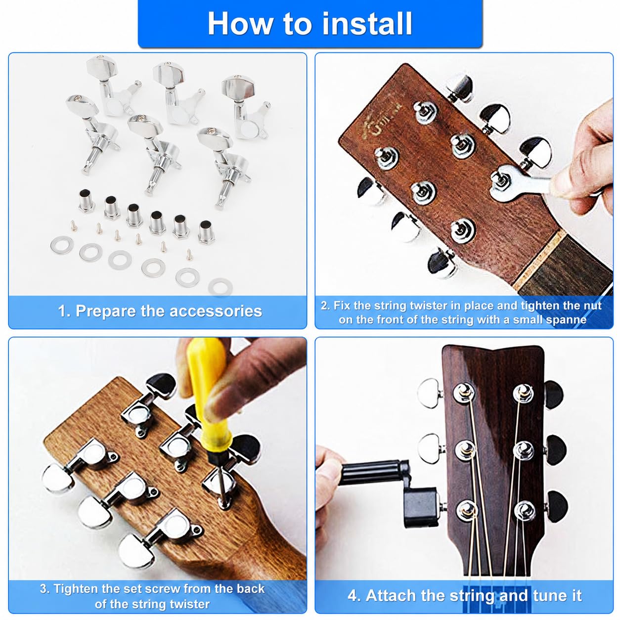 12 Pezzi Pioli Accordatura per Corde,3R 3L Meccaniche per chitarra Pioli di accordatura,Paletta Chitarra Meccanica,Accordare Pioli con Rondelle, Viti e Dadi,per Chitarra Elettrica o Acustica- Argento