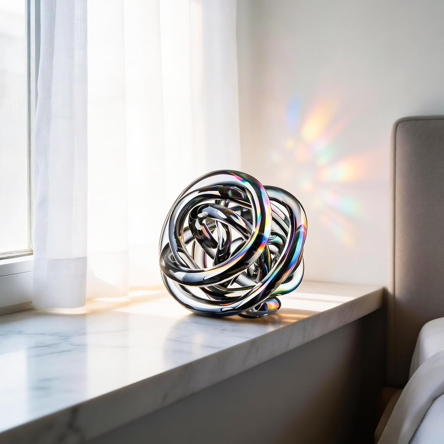Glass Knot Teal Decor Ball - 5 Inch Hand Blown Infinity Sculpture Orbit Home Decor Table Decoration Interio Art