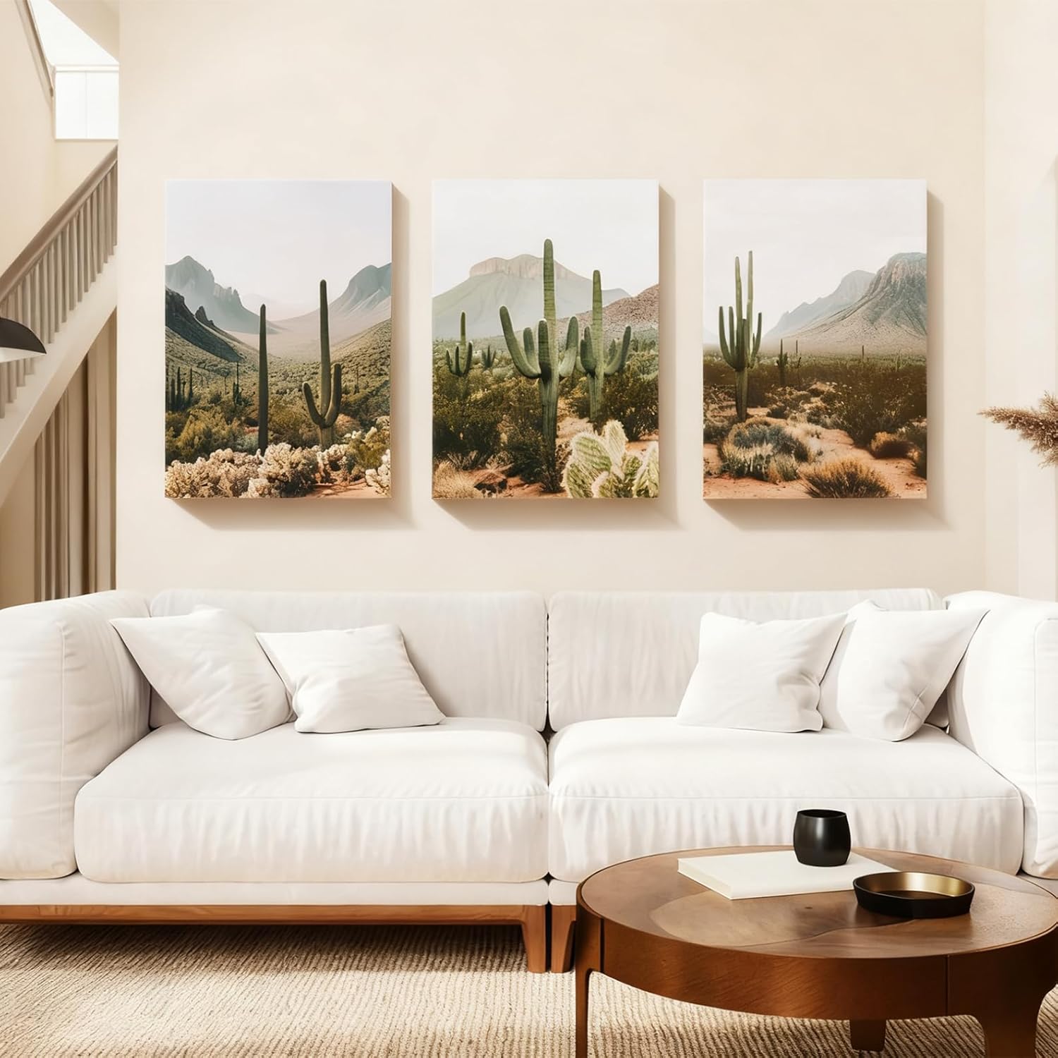 3Pcs Wild Plants Wall Art Tall Green Cactus Painting Picture Wall Decor Green Wilderness Desert High Mountains Poster Print Artwork for Living Room Bedroom 12x16 Inch Framed