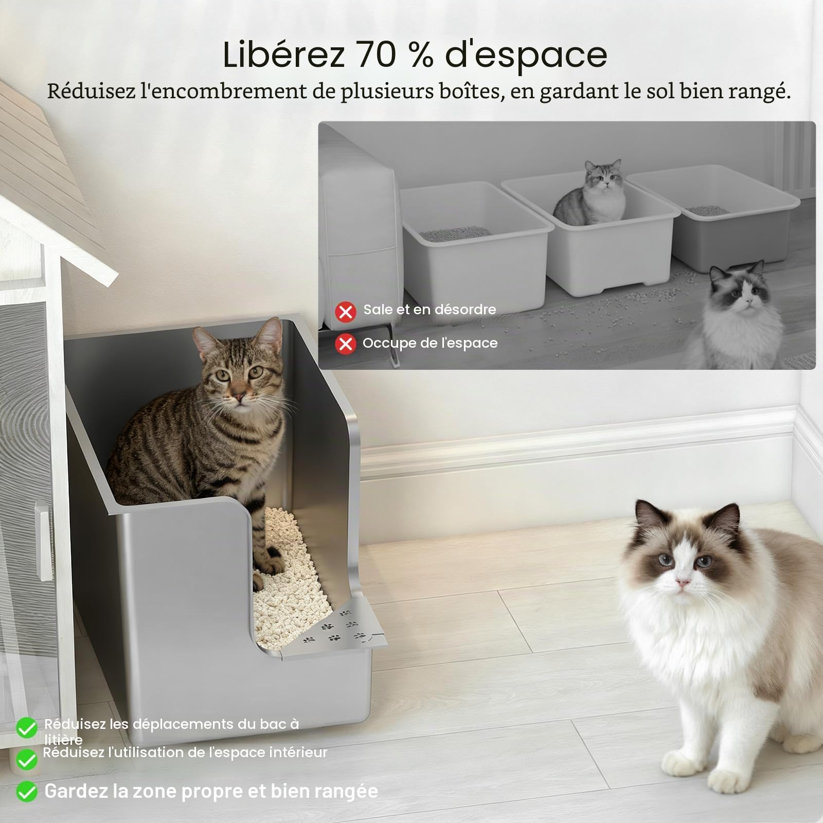 PTLOM Bac Litiere pour Chat en INOX,Bac a Litiere pour Chat 30cm,Coin D’entrée Bac à Litière Chat, sur roulettes, Facile à déplacer, Antiadhésif, sans Odeur, pour Chats Grands ou Multiples
