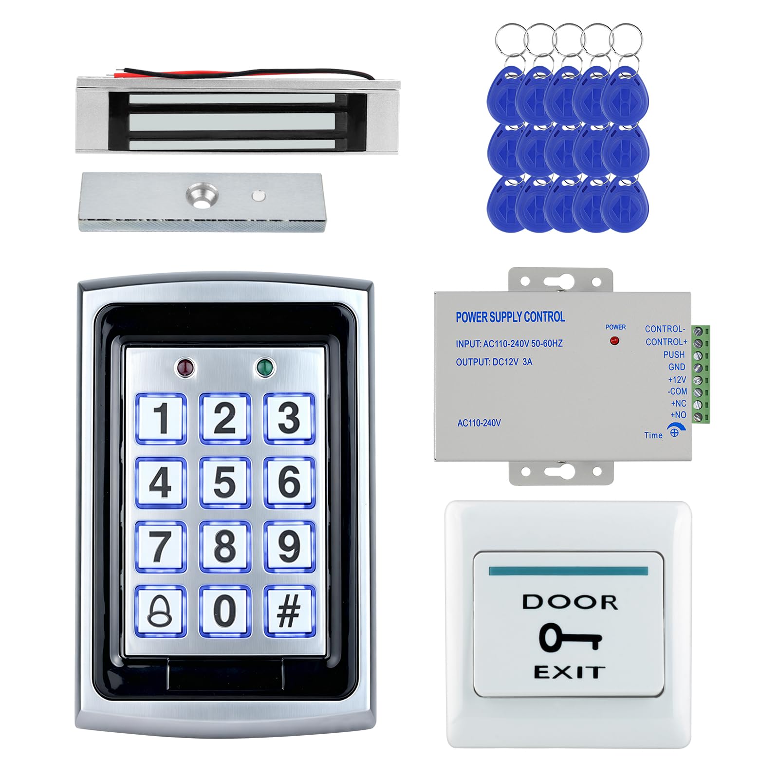 Komplettes Türzugangsset mit Metalltastatur, 12 V Netzteil, 180 kg Magnetschloss, Ausgangstaste, 15 ID-Tasten, 1000 Benutzer, Karte/PIN, für Bürowohnungssicherheit