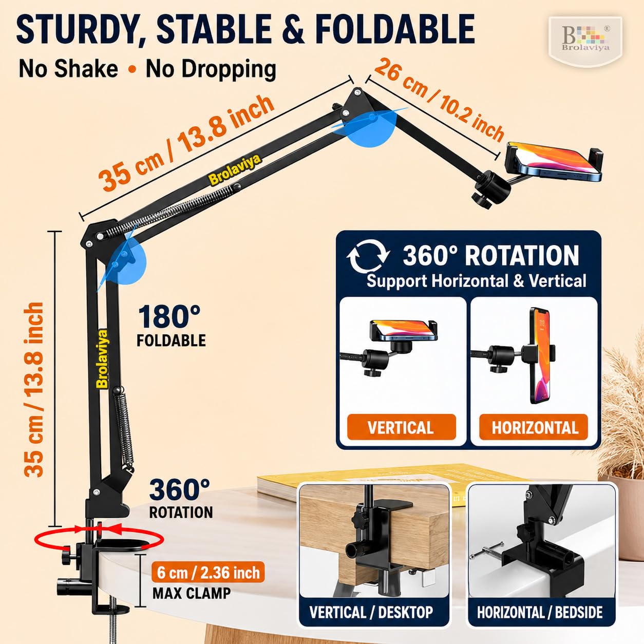 BROLAVIYA Overhead Video Mobile and Tablet Stand, New Extra Long Arm, 1/4" Head 2 Way Base clamp, and Brackets for Mobile Phone and Tablet, for Overhead Video, Desktop, Bedroom, Office, Black 2