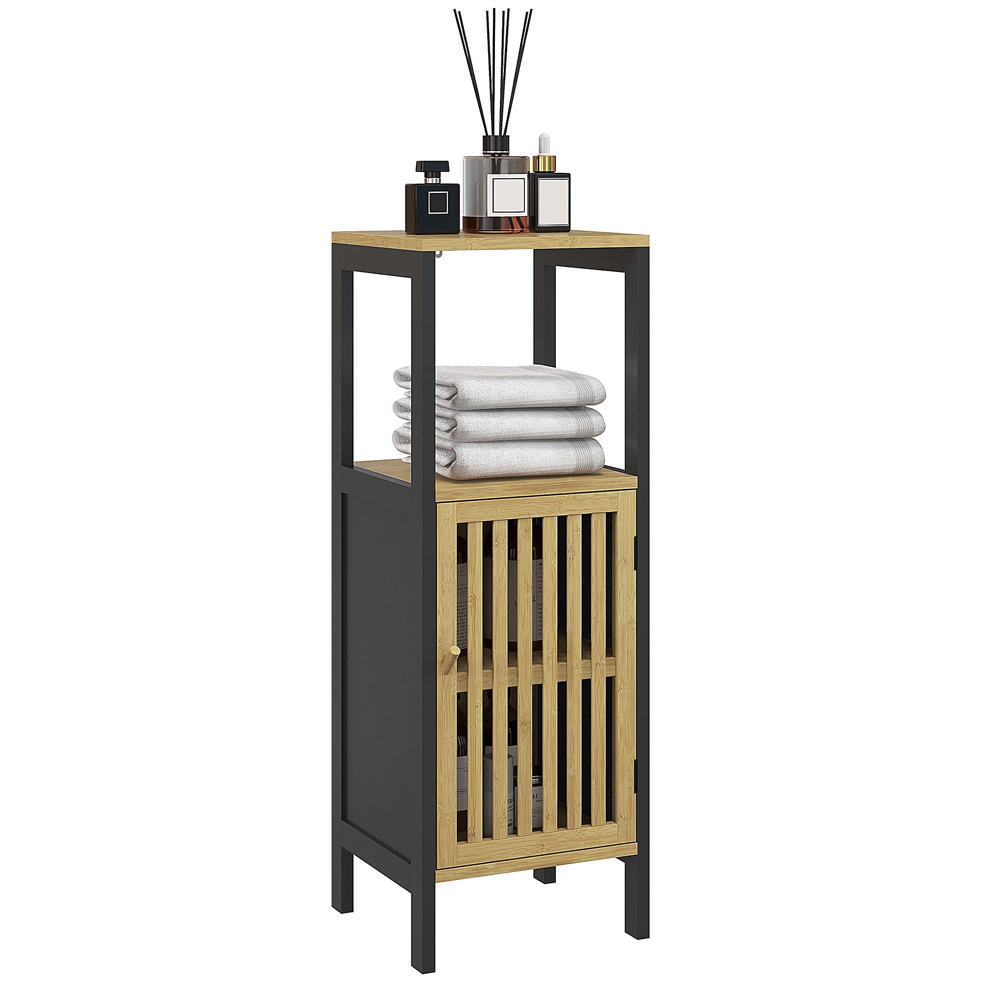 HOMCOM Mobiletto Bagno Salvaspazio con Ripiano Aperto e Armadietto con Ripiano Regolabile, Mobile da Bagno in MDF e Bambù, 32x30x90.5 cm, Nero e color Legno