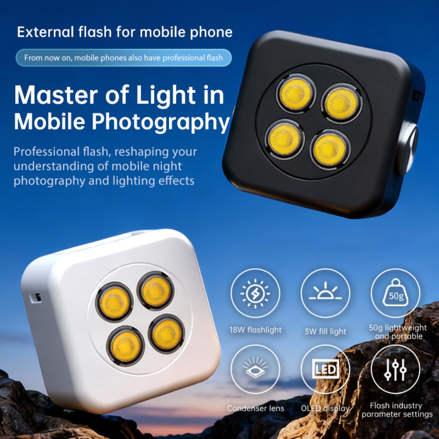 Funmount, luce flash esterna per smartphone, 18 W, con luce fissa da 3 W, lampada magnetica per cellulare, luce flash a LED sincrono ad alta potenza, per foto e video e live streaming (nero)