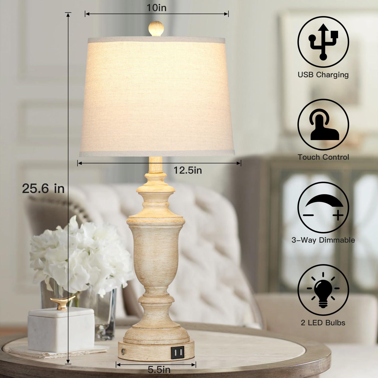 25.6" Farmhouse Table Lamps Set of 2 with USB Charging Port for Rustic Living Room Retro Bedroom,3-Way Dimmable Touch Lamp Resin Bedside Lamps for Nightstand Side End Table,Color 1