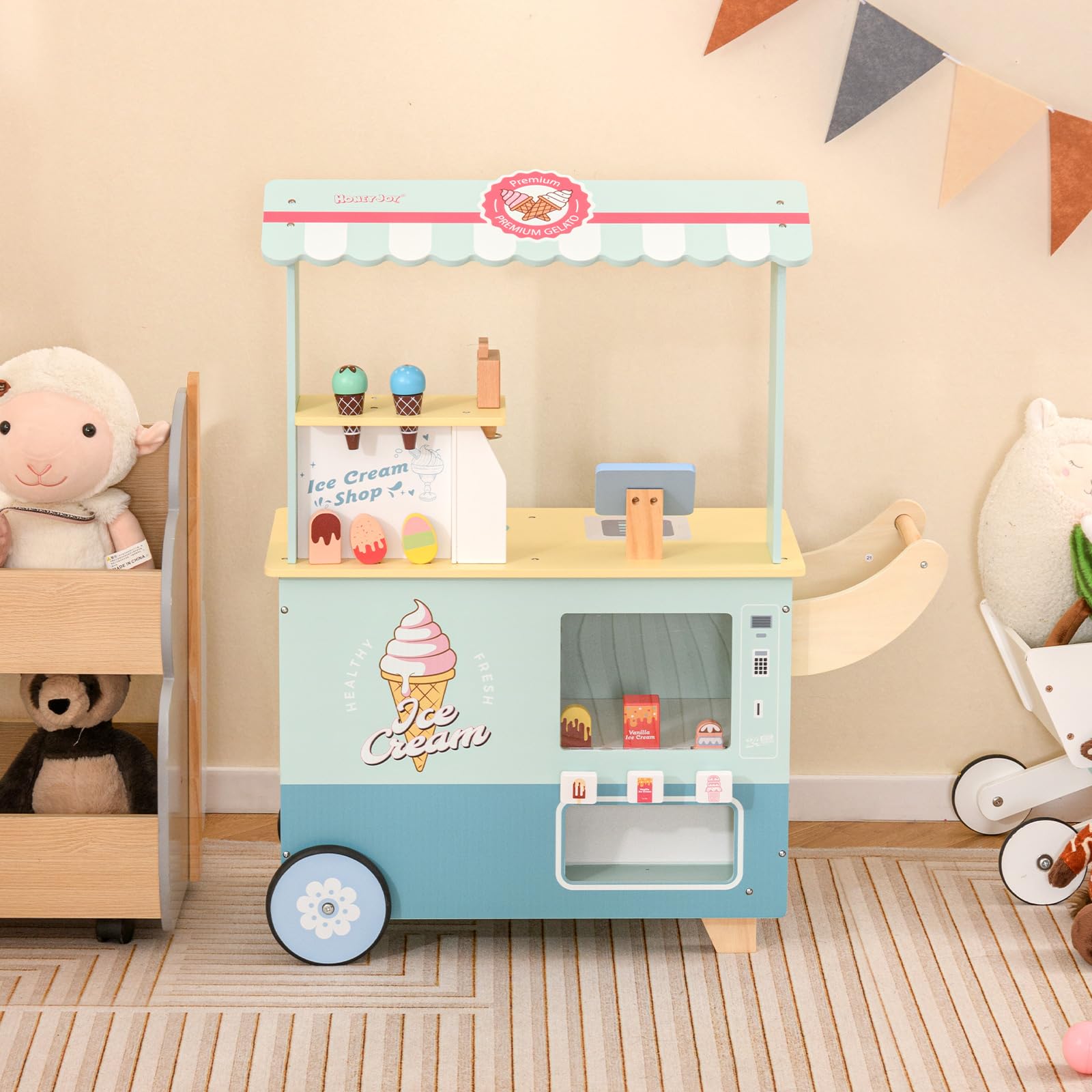 HOMASIS Carrito de Helados de Madera con 15 Accesorios, Juego de simulación con máquina expendedora, Expositor, Pantalla, Heladería con Ruedas y toldo para niños de 3+ años, 75,5x31x88cm (Verde)
