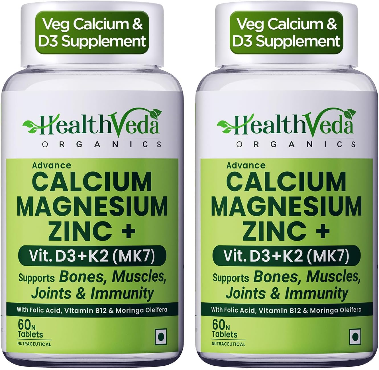 Health Veda Organics Calcium Magnesium Zinc with Vitamin D3, K2 MK7 & B12 | With Cissus Quadrangularis | Bone & Joint Support | 1000mg | 60 Veg Tablets Each (Pack of 2)