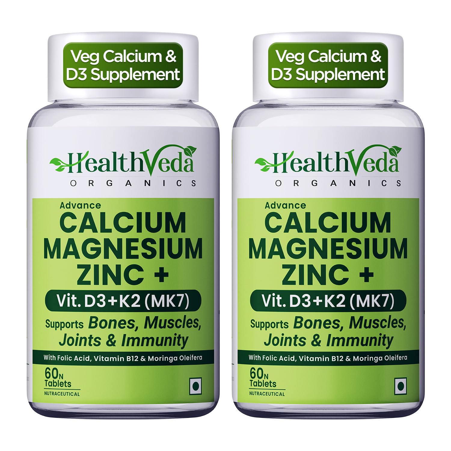 Health Veda Organics Calcium Magnesium Zinc with Vitamin D3, K2 MK7 & B12 | With Cissus Quadrangularis | Bone & Joint Support | 1000mg | 60 Veg Tablets Each (Pack of 2)