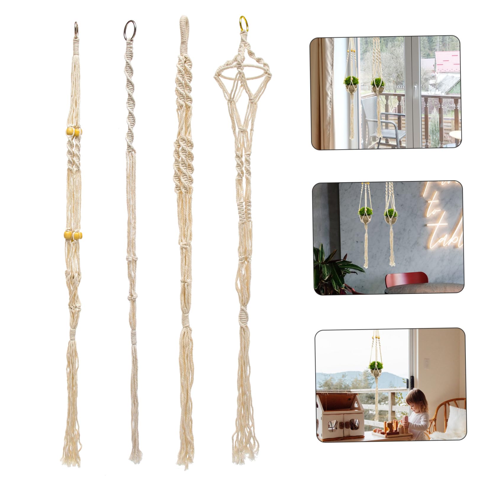 Blumentopf Netzbeutel 4 Stück aus Baumwollseil mit Aufhängering | Makramee Textur, Beige Farbe, für Blumentöpfe und Pflanzen, Dekorativ für Wand und Zuhause