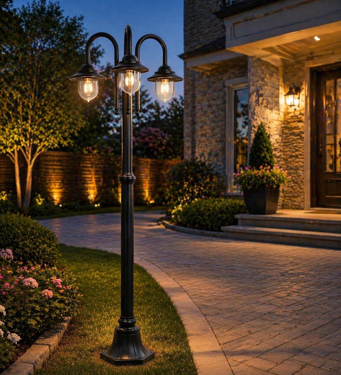 Lampione da Giardino 3 Luci E27 IP54, Lampada da Esterno Stile Classico, Palo Luce per Viale Parco Cortile, Nero/Bianco – PT-03 (NERO)