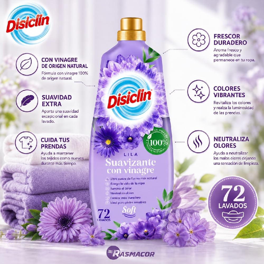Disclin Suavizante con Vinagre Lila 1300 ml (Pack 8 unidades) | 72 Lavados por Botella | Suavidad y Frescor para la Ropa | Ayuda a Neutralizar Olores | Cuidado Diario de los Tejidos | RASMACOR