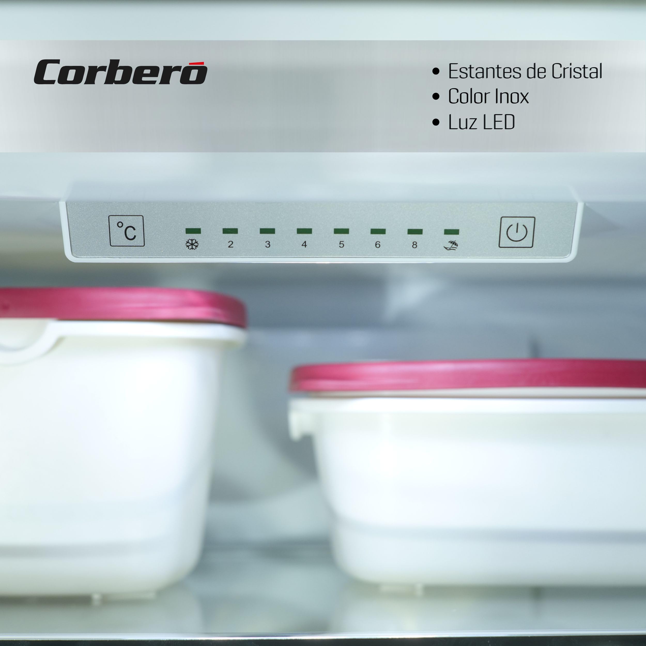 Corberó - Frigorífico Combi | CCM200834NFX | 336L | 57,9x59,5x202 | No Frost | Inverter | Luz LED | Fresh Box | Crisper | Balcones Ajustables | Estantes de Cristal | Huevera | 35 Db | Inox