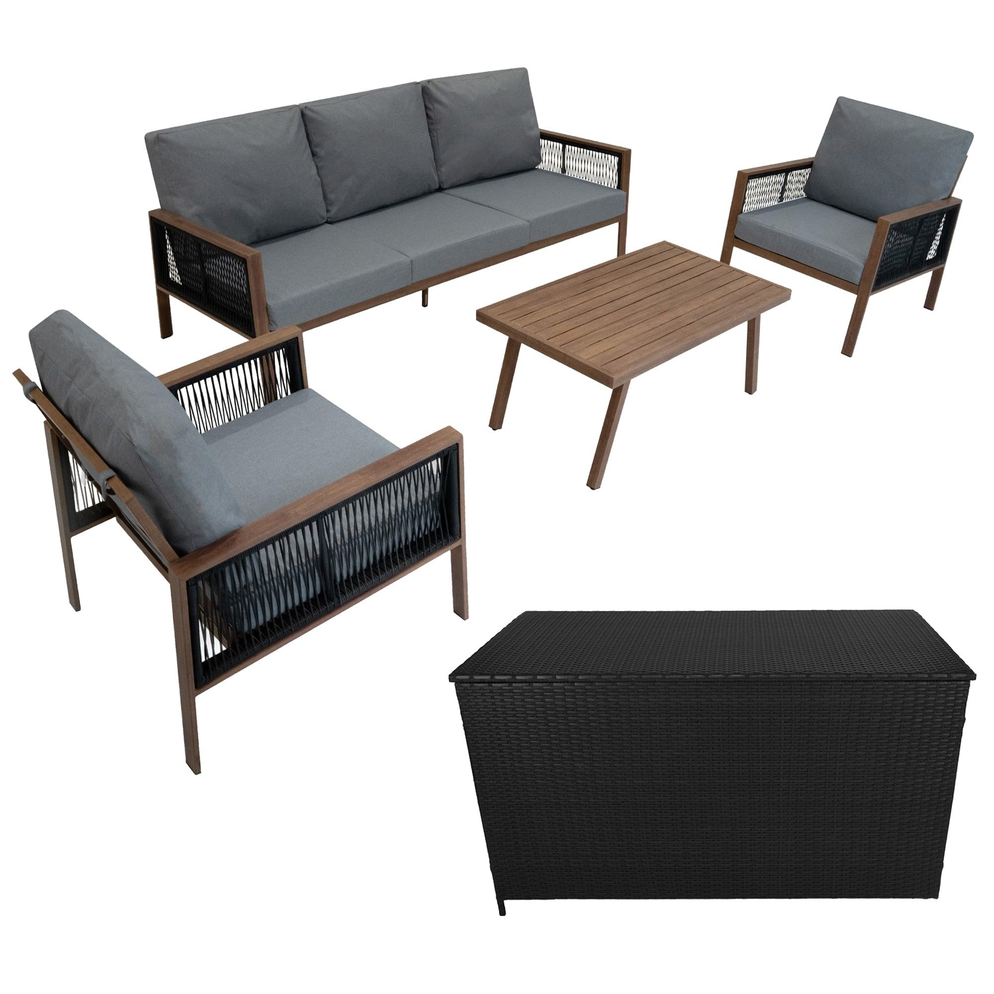 Jardi Black Aluminium 4 Piece Sofa Set With Rattan Storage Box - Wood Effect