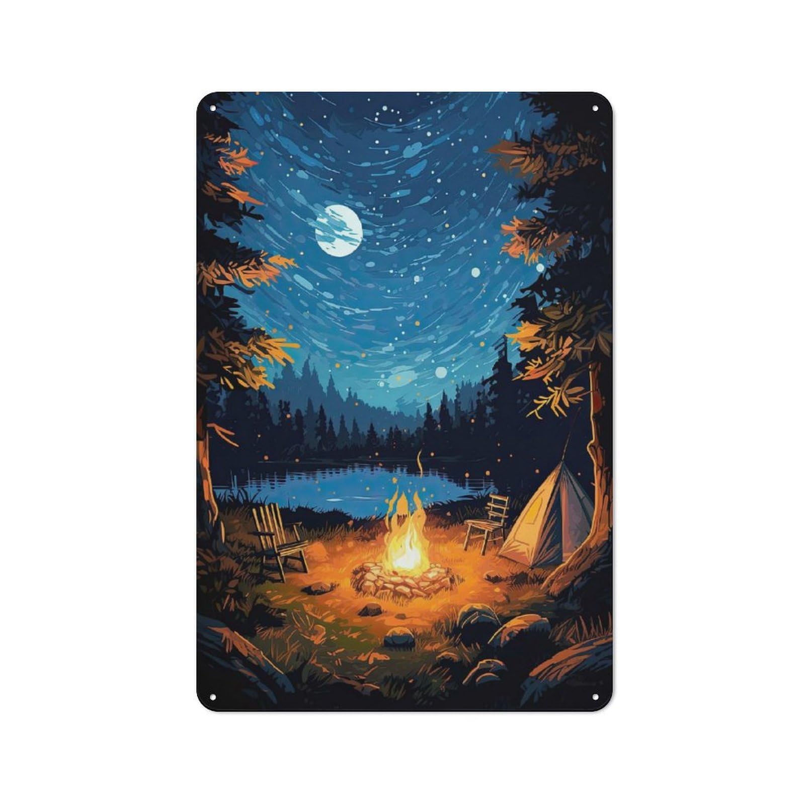 Decorative Metal Plaque with Camping at Night Design 30x20cm, Warehouse Style Loft Wall Plaque for Flat, Bar, Studio Or Gallery Wall