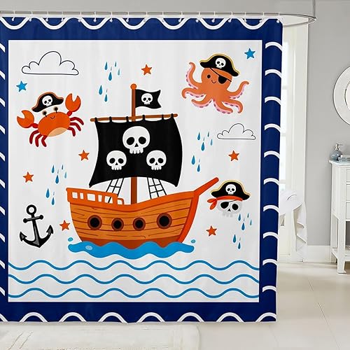 Miniatura 68 de Cortinas de ducha impermeables con diseño de barco pirata de caricaturas, tela de aventura marina, cortina de ducha de baño con peces submarinos,