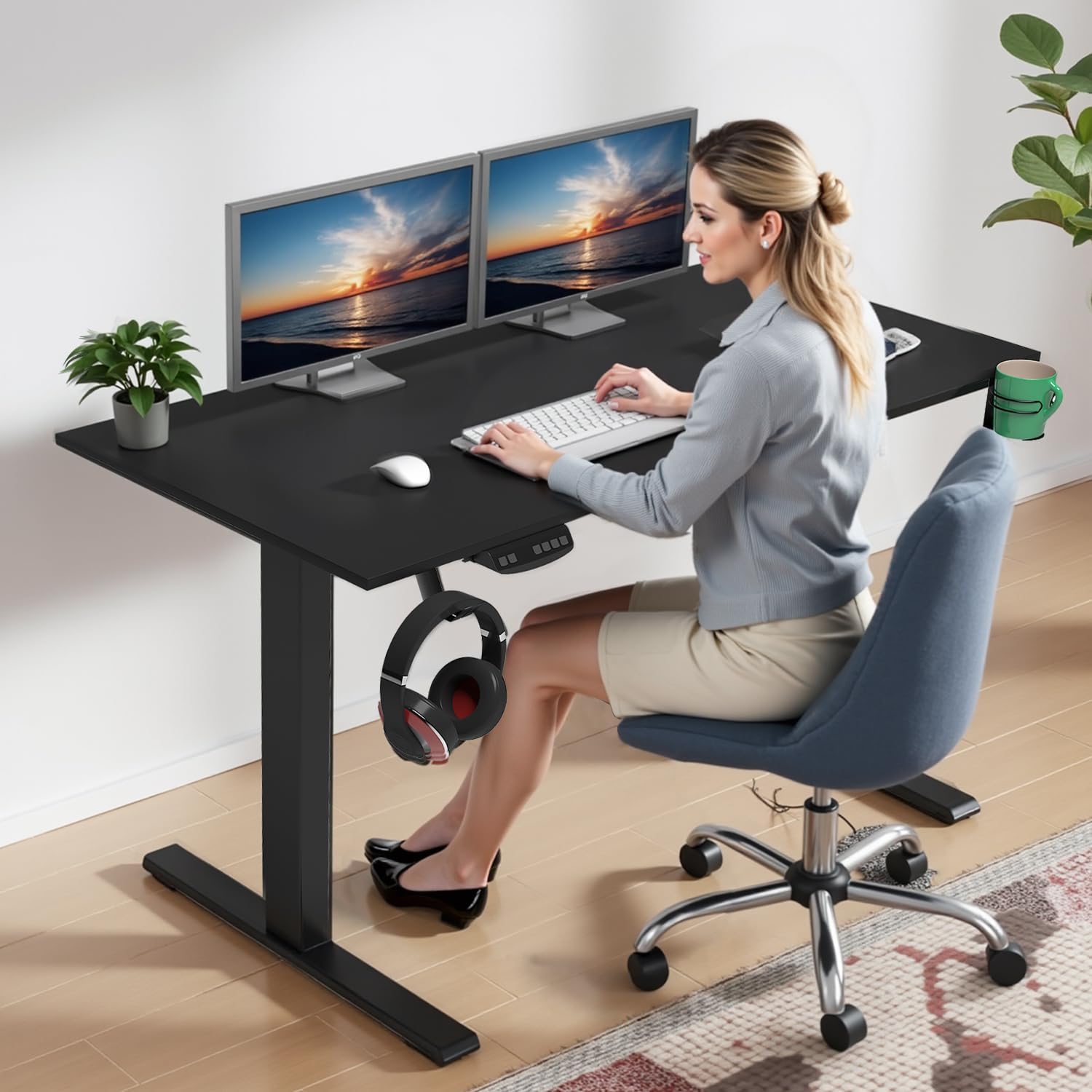 71aQreqPknL._AC_SL1500_ OUTFINE Heavy Duty Dual Motor Height Adjustable Standing Desk Electric Dual Motor Home Office Stand Up Computer Workstation with (Black, 63") Assembled Desktop Load up to 220lbs