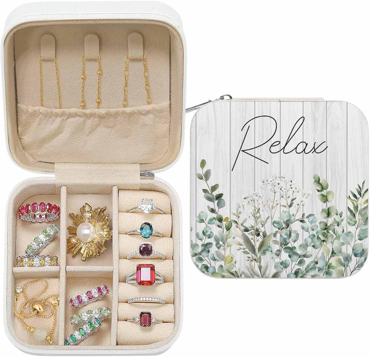 Green Eucalyptus Leaves Jewelry Organizer and Storage Box, Portable Travel Jewelry Box for Women, PU Leather Small 3.9x3.9x2 Inches, Summer Botanical Vintage Wooden Earring Necklace Storage Case