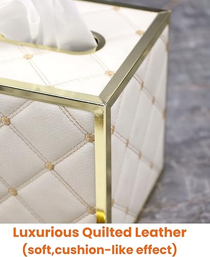 Miniatura 5 de Funda para caja de pañuelos, soporte de piel acolchada de color blanco cremoso con parte inferior magnética, cubierta cuadrada de caja de pañuelos