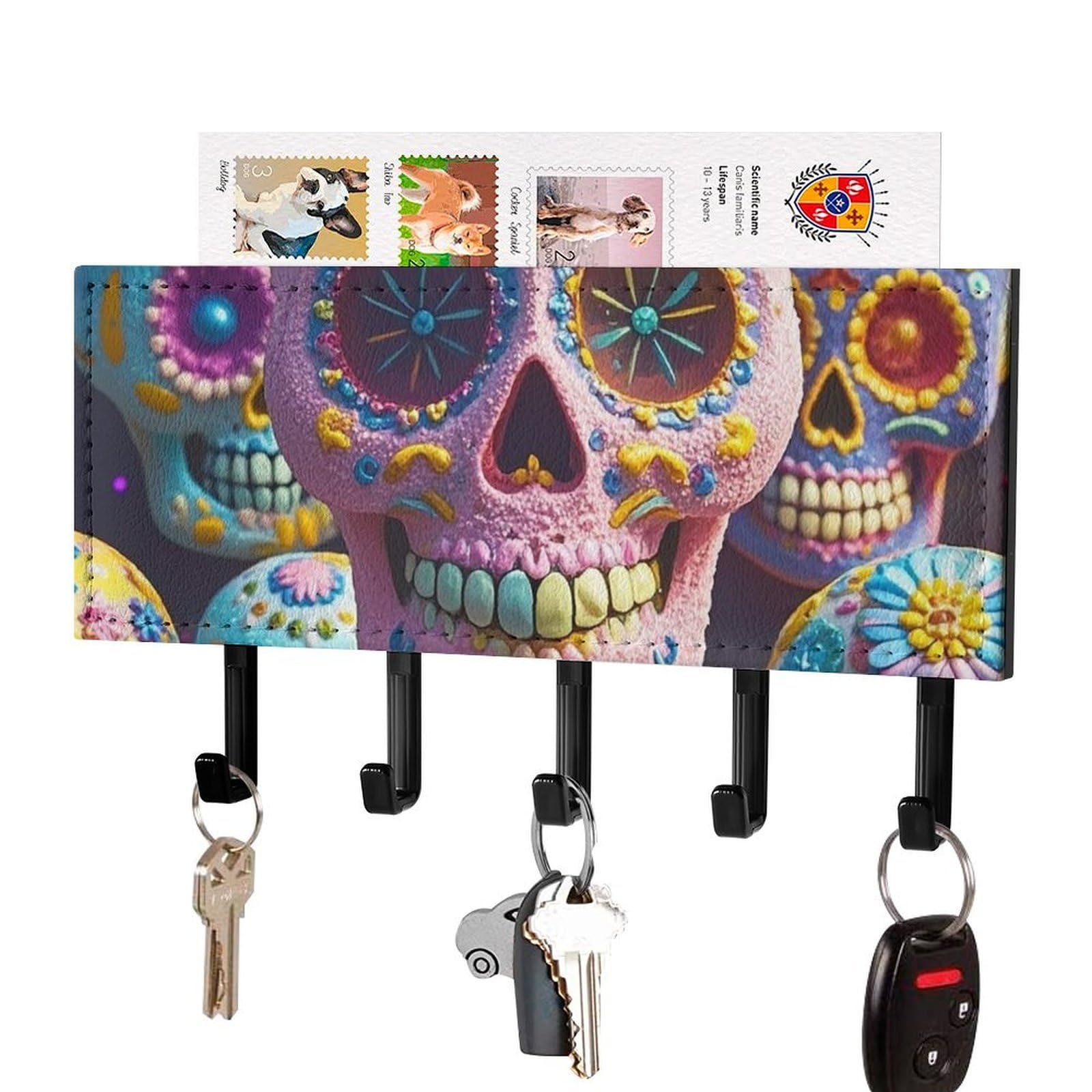 Fekiloot Black-Style Sugar Skull Key Holder Wall Mount Key Hanger With 5 Hooks Decorative Key Rack Hanging Key Hooks With Mail Organizer Key Holder For Wall Living Room Kitchen Bathroom Hallway Black