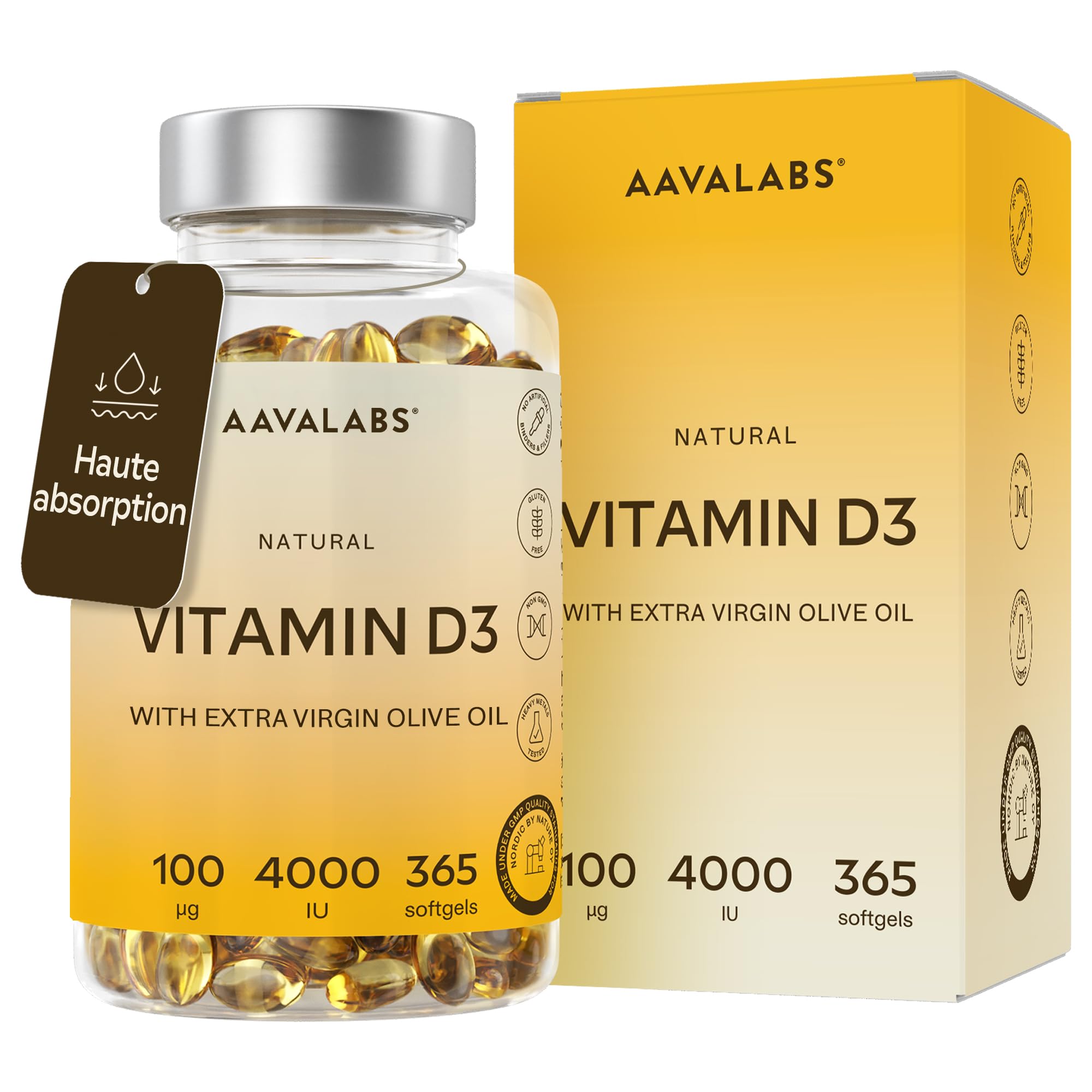 Vitamine D3 4000 UI - Vitamine D avec Huile d’Olive Extra Vierge pour Absorption Optimale - Vitamines sans OGM, sans Gluten et Lactose pour les Fonctions Osseuse, Musculaire, Immunitaire - 365 Gélules