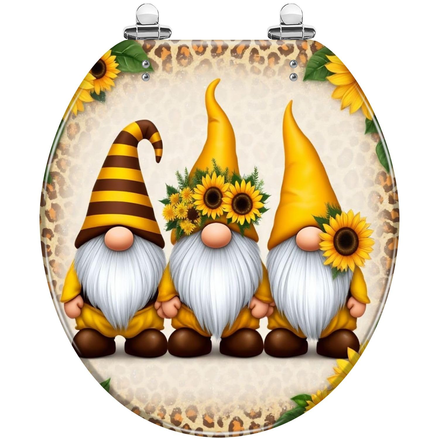 Asiento de inodoro redondo de resina con gnomos y girasoles para el baño.