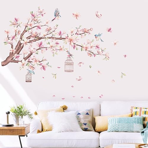 Miniatura 2 de wondever Calcomanías de pared con diseño de flores de cerezo, magnolia rosa, ramas de árbol, pájaros, despegar y pegar, calcomanías artísticas para