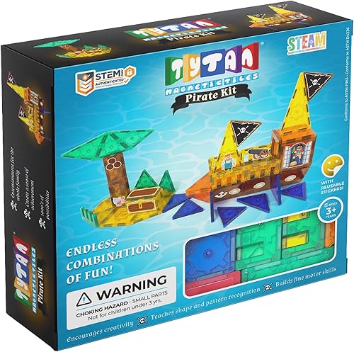 Tytan TILES Pirate Ship & Island - Juego de construcción de azulejos magnéticos de 60 piezas, divertido juguete STEM para niños, juego creativo,