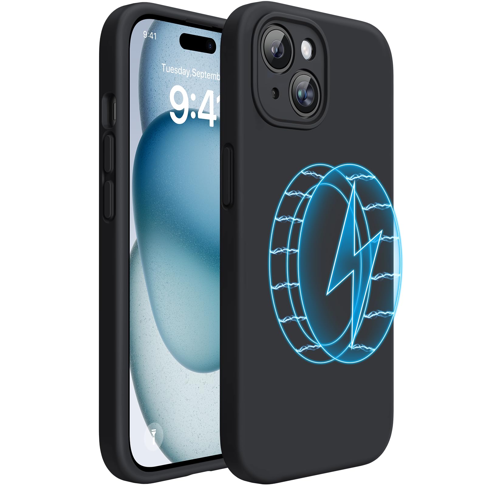 Miracase Compatible with iPhone 15 Plus Case, [Soft Anti-Scratch Microfiber Lining], Compatible with MagSafe, Silicone Shockproof Drop Protection Phone Case for 15 Plus, Black Magnetic