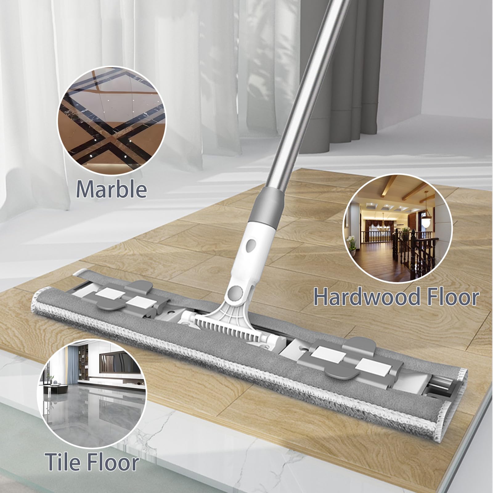 Mopa de microfibra de 15 pulgadas para limpieza de suelos de madera dura, fregona profesional comercial con 4 almohadillas reutilizables y mango de acero inoxidable para el hogar, oficina, hotel