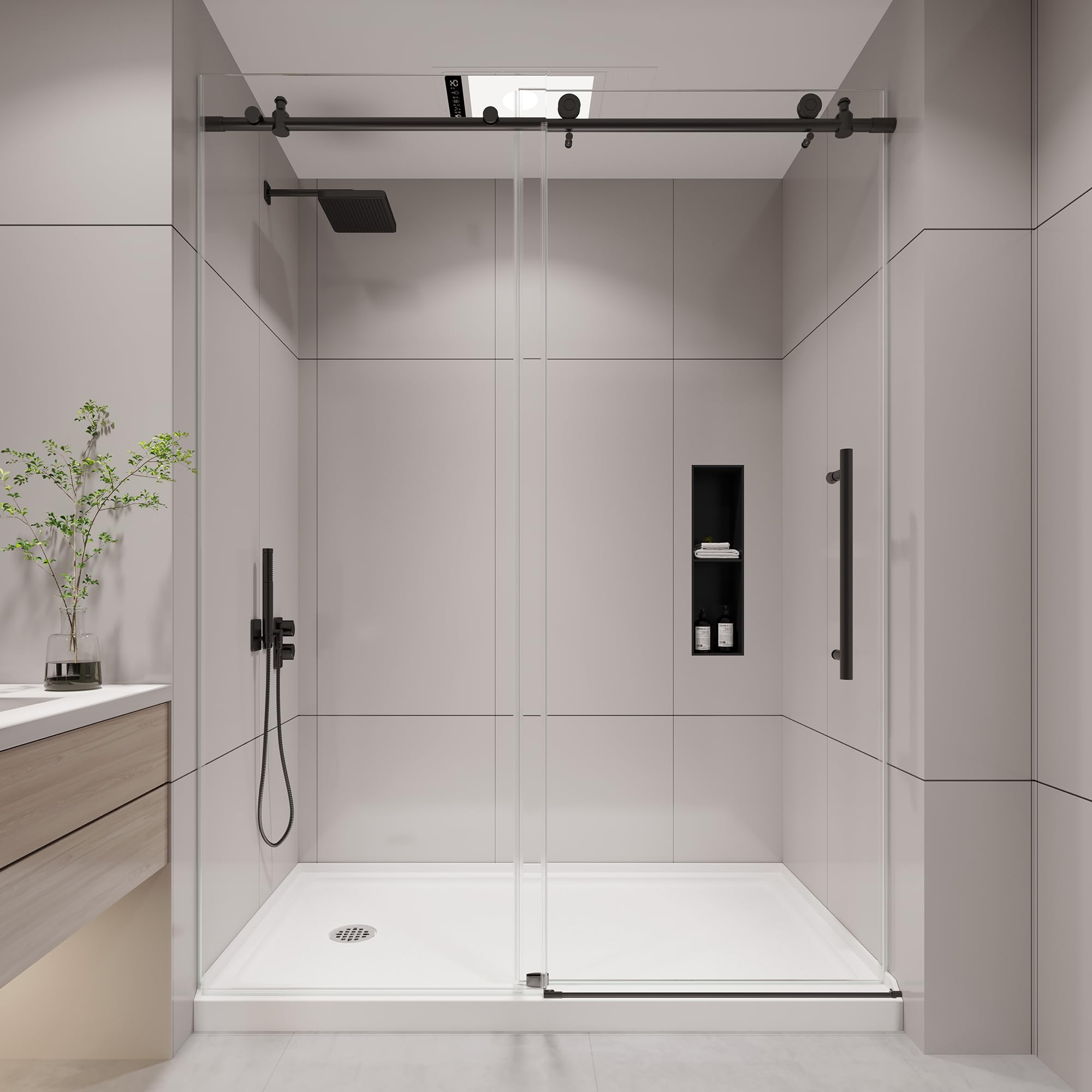 KPUY Frameless Shower Door, 50-54" W x 76" H Sliding Glass Shower Door, 1/4" (6mm) Thick Tempered Clear Glass with Explosion-Proof Film Nano Coating, Stainless Steel Hardware, Matte Black