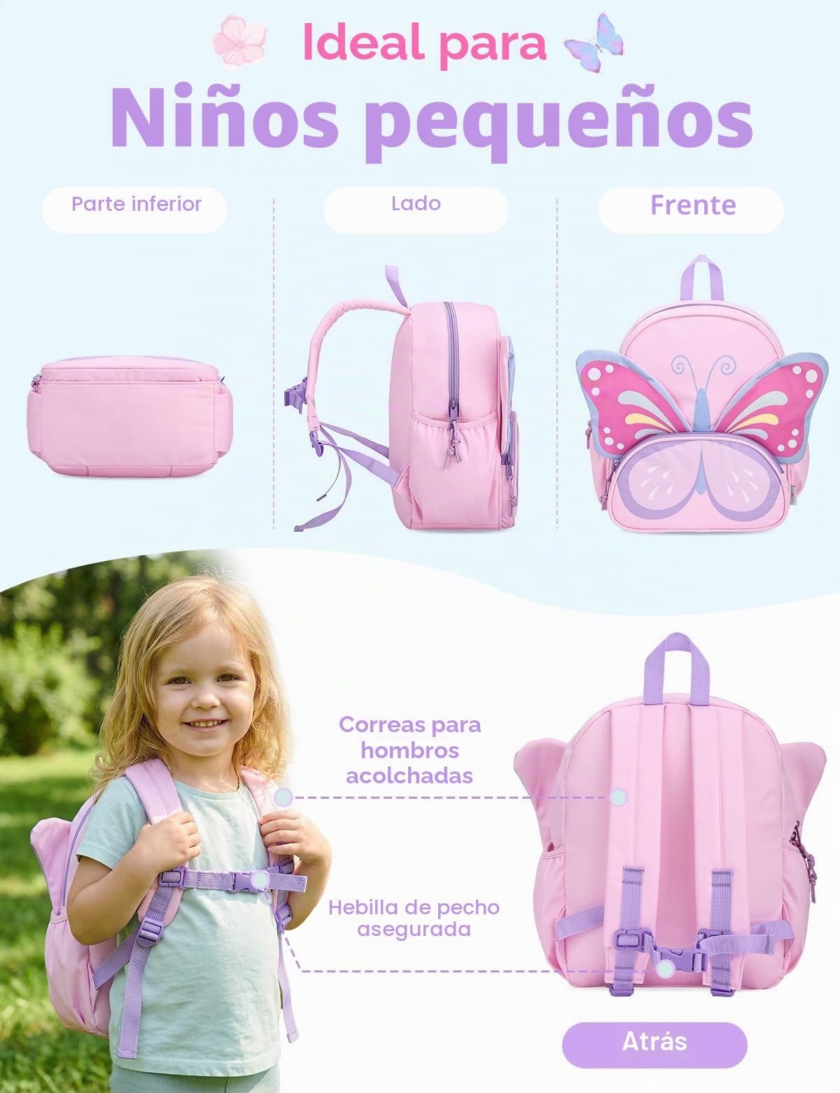 VASCHY Mochila niña y niño 3D 2-6 años Resistente al Agua Para Preescolar | Mochila Escolar Infantil con Cierre en el Pecho y Múltiples Bolsillos,Compartimentos,apta carpeta A4,Bolsillos Laterales