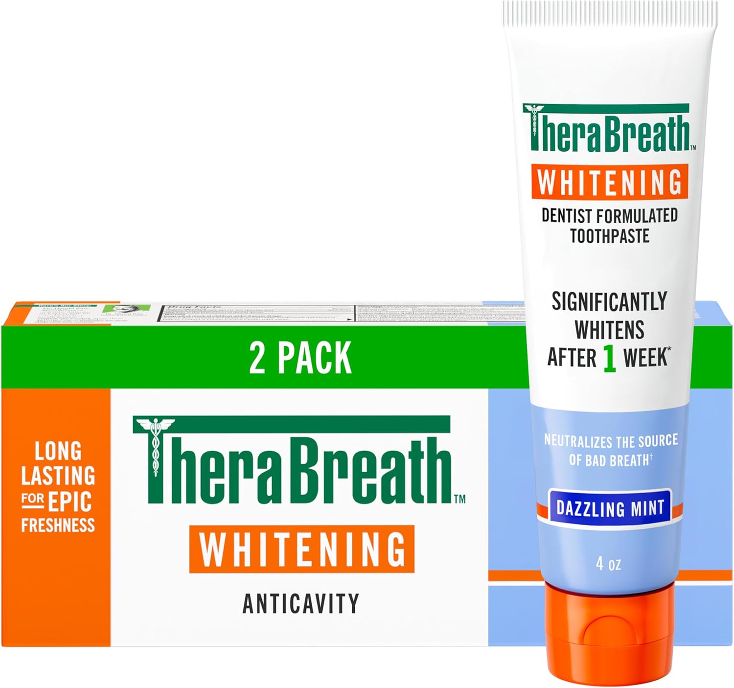 TheraBreath Whitening Toothpaste, Gentle Peroxide-Free Teeth Whitening in 1 Week (3), with Fluoride for Anticavity Protection, Dazzling Mint, 4 Oz, 2-Pack TheraBreath Whitening Toothpaste, Gentle Peroxide-Free Teeth Whitening in 1 Week (3), with Fluoride for Anticavity Protection, Dazzling Mint, 4 Oz, 2-Pack