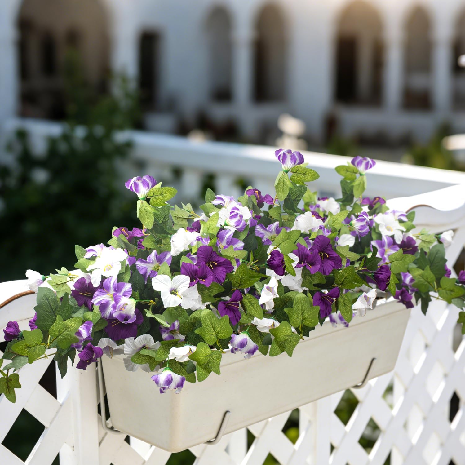 Grunyia Artificial Petunia Flowers - UV Resistant Realistic Faux Silk Petunias for Indoor Outdoor Garden Porch Balcony Yard Home Decor, Fade-Proof Fake Flower Arrangements (White+Purple)