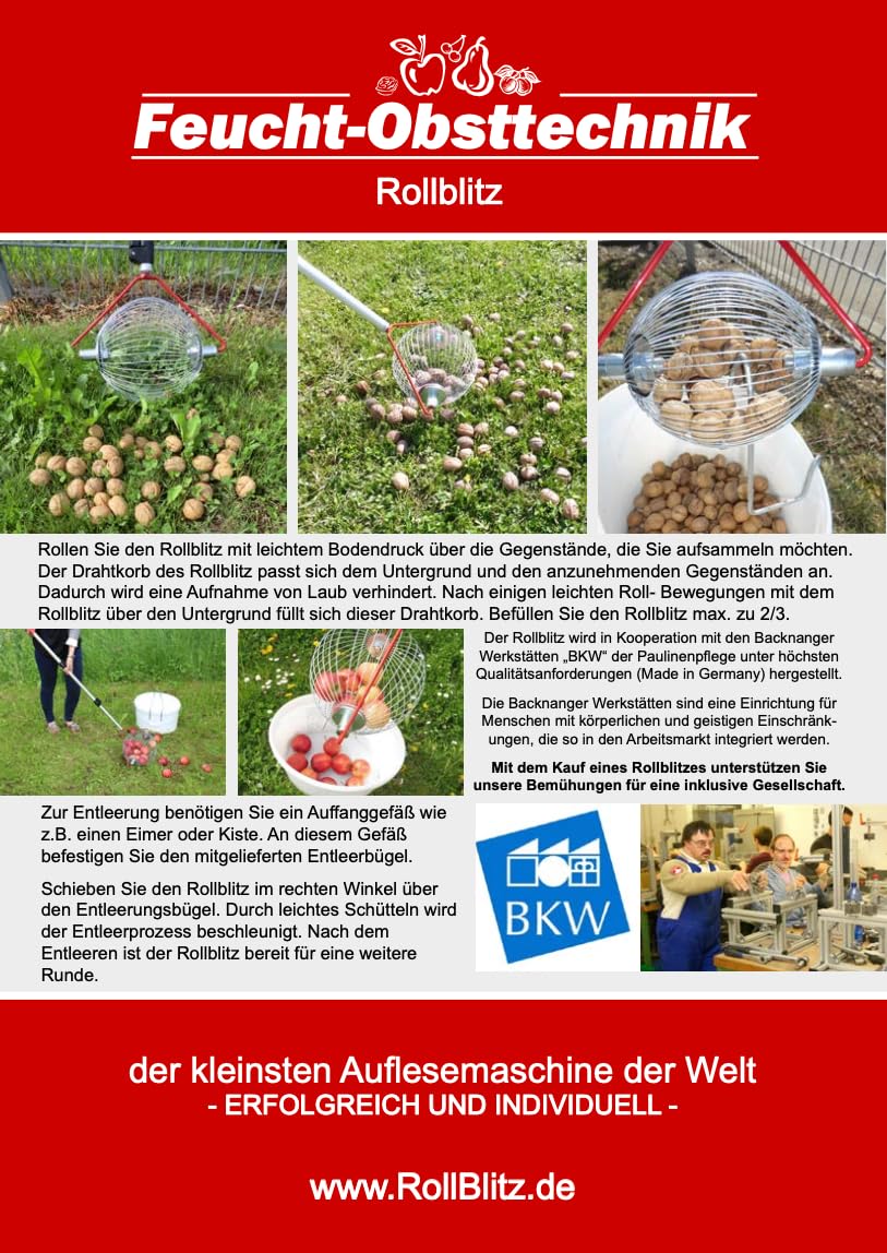 Apfel-Sammler mit Teleskopstab- der Roll-Blitz die kleinste Obstaufsammelmaschine der Welt direkt vom Hersteller für Apfel, Birnen
