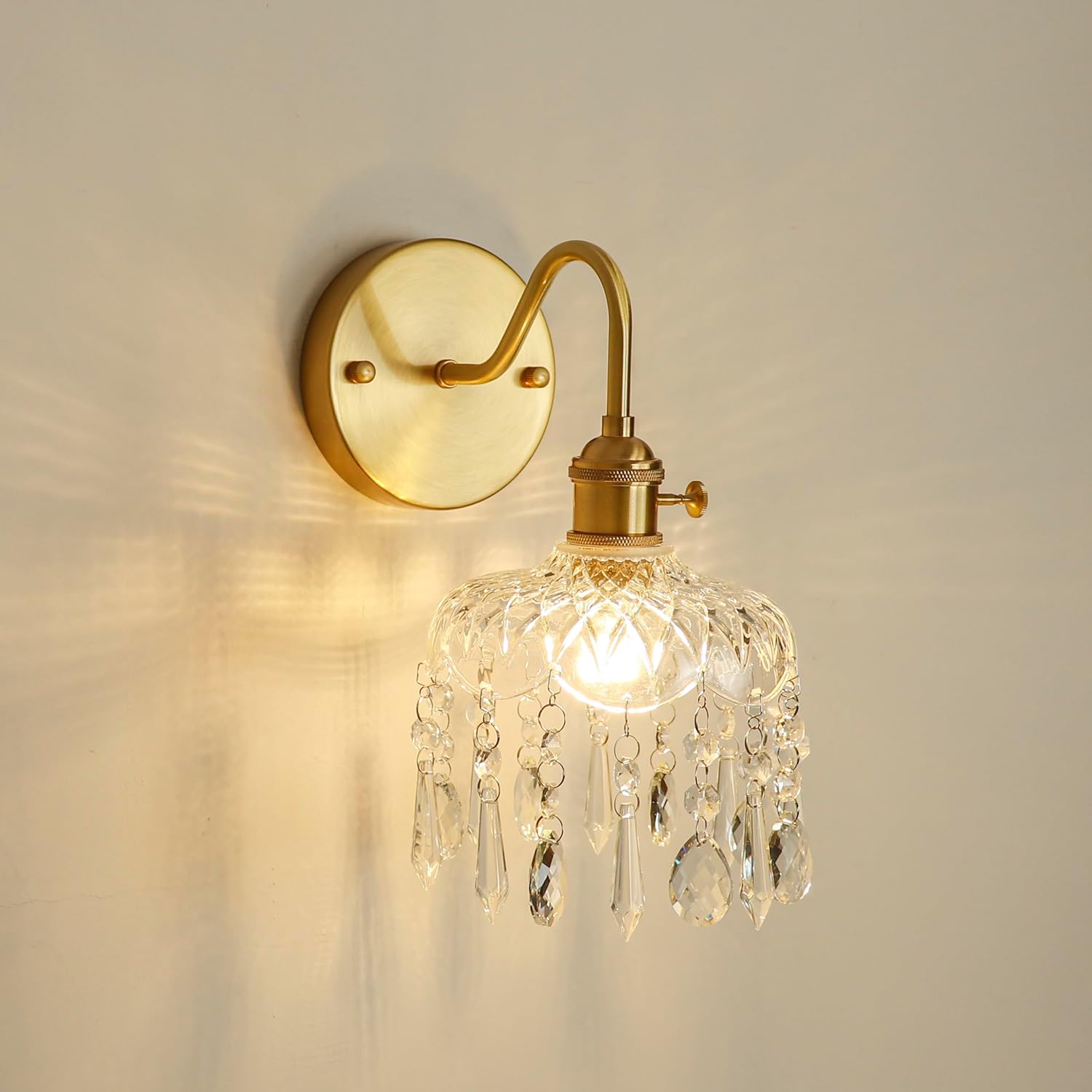 Crystal Wall Sconce Set, Gold Brass Fixture with Glass Shade and Hanging Crystals, Modern Elegant Wall Light, 1 Pack