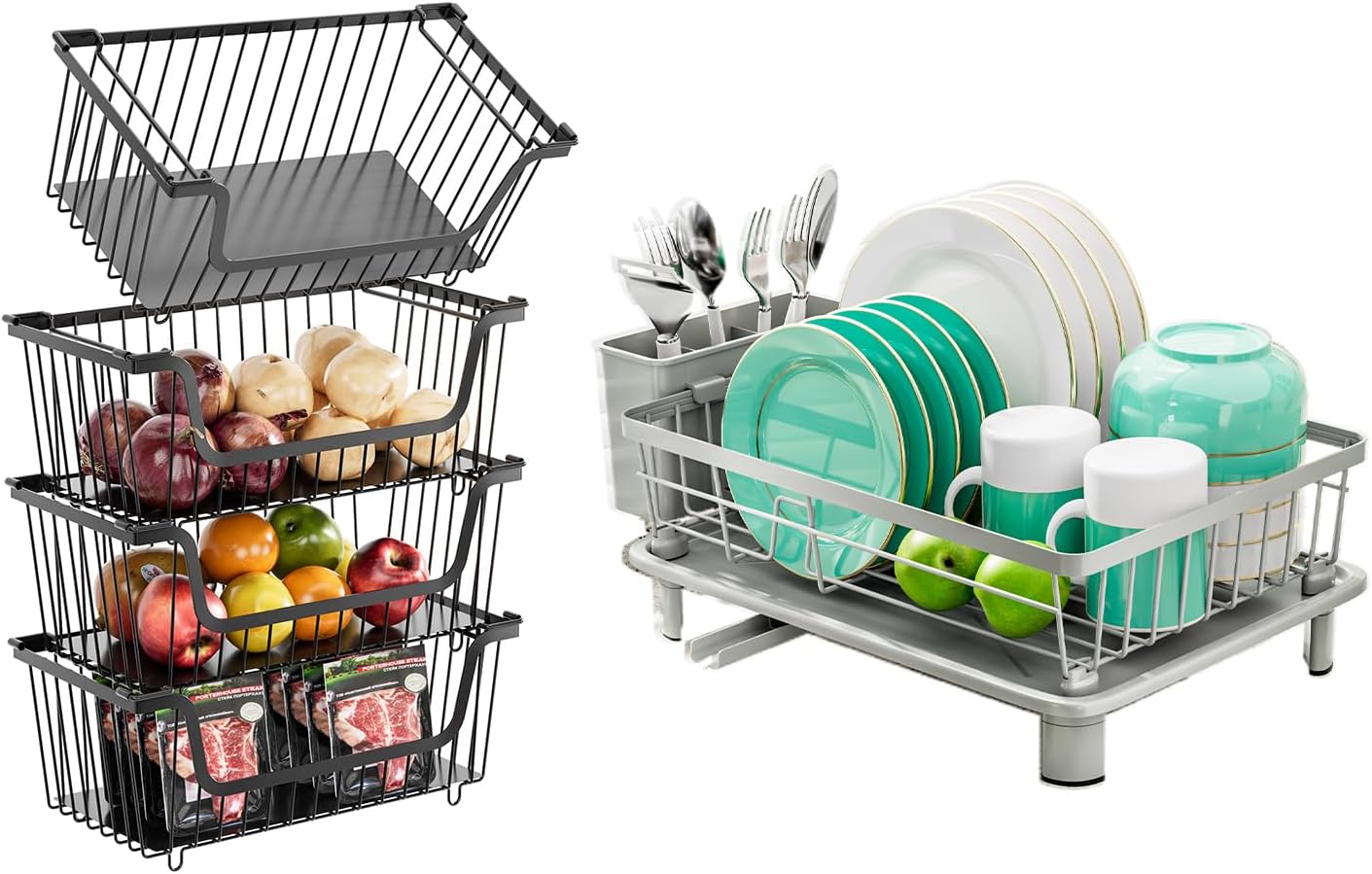 4 Pcs Stackable Wire Baskets for Pantry Organizers and Storage,Dish Drying Rack,Save 70% of space